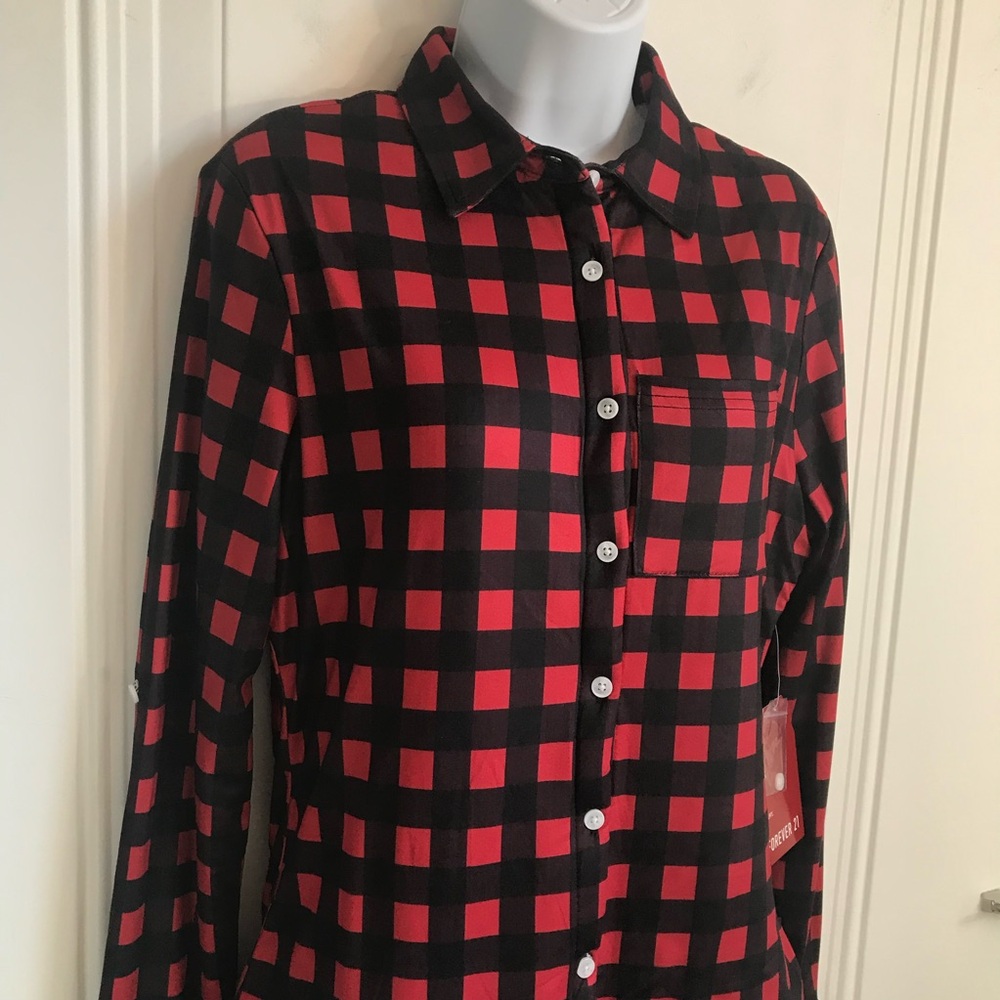 🔴 4/$15 Forever 21 Women’s S Red & Black Plaid Sherpa Lined Button Up Shirt NWT - Picture 6 of 16